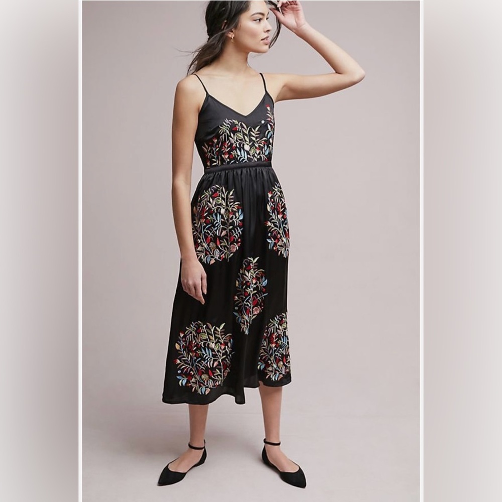 Anthropologie - Embroidered Satin Midi Dress